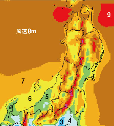 <b>沖合に風速8m超えの海が広がる（高度７０m）。NEDO提供の風況マップ</b>