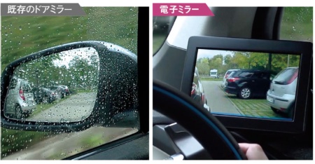 <b>既存のドアミラーでは、雨が降るとドアミラーの鏡面や窓ガラスに水滴が付いて視認 性が低下する。右写真は、仏ヴァレオの試作品の様子</b>