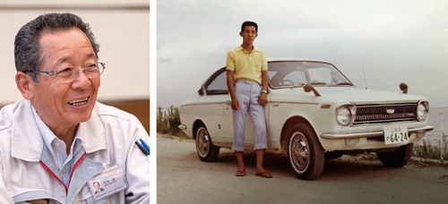 <b>「オレたちが若い頃はみんな、自分の車が欲しかった」と振り返る専務役員の河合満（左）。右写真は若かりし頃の河合が3台目の愛車カローラと一緒に写った1枚</b>（写真提供=トヨタ）