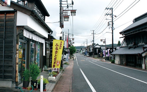<b>大多喜町は千葉県房総半島の中央部に位置する。商店街には「ふるさと感謝券」を使用できることを示すのぼり旗があちらこちらに設置されていた。城下町の面影を残す古い建物が点在する</b>