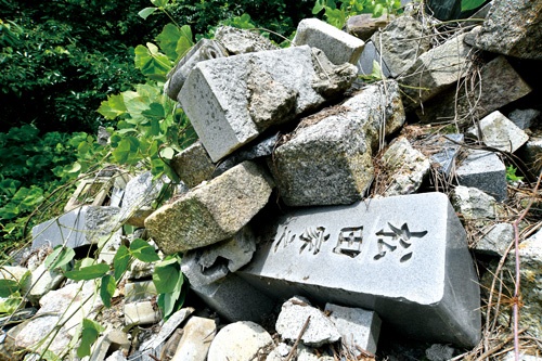 <span class="fontBold">岐阜県の民家の敷地内に乱雑に打ち捨てられた墓石の山。投棄した業者は「代行供養」をうたい、墓じまいの需要を取り込んでいた</span>（写真=早川 俊昭）