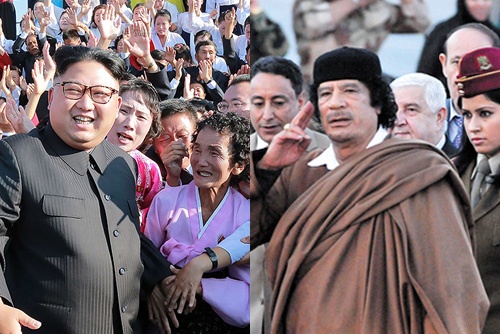 北朝鮮の金正恩委員長（左）とリビアのムアマル・カダフィ大佐（故人）。どちらも国内で個人独裁体制をとる