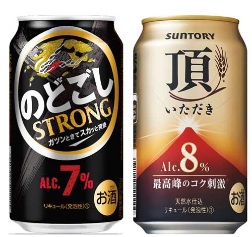 <span class="fontBold">コスパが悪いとみられがちなビール類に相次ぎ高アルコール商品が登場。キリンビールの「のどごし ストロング」（左）。先行するサントリーの「頂」（右）は2月、アルコール度数を7％から8％に引き上げる</span>（写真＝時事）