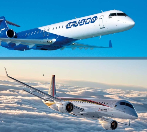 <span class="fontBold">ボンバルディア(上)にとって、MRJ(下)の小型旅客機市場参入は経営リスクとなる</span>(写真=下:三菱航空機(株)提供)