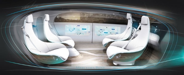 <span class="fontBold">メルセデス・ベンツの自動運転のコンセプトカー「F 015」の内部。運転手が要らないため全員が対面で座ってくつろぐことができる</span>
