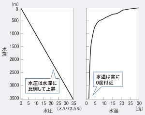 <span class="fontSizeL">深海の環境は厳しい</span><br />●水深と水圧・水温の関係