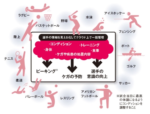<span class="textColTeal">ラグビー日本代表を皮切りに、30種類以上の競技に普及<br /><small>●クラウドサービス「ワンタップスポーツ」 の概要</small></span>