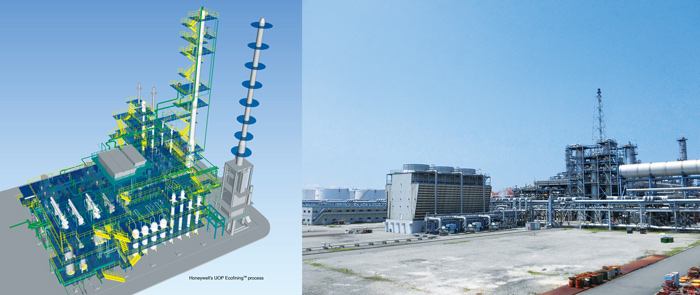 日揮HDやコスモ石油が建設するSAFプラントのイメージ（左）と、大阪府堺市の建設予定地（右、日揮HD提供）