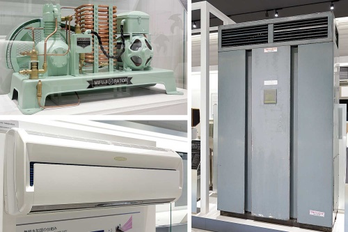 <span class="fontBold">歴代の「冷やす」機械。冷凍機（左上）、日本初のパッケージ型エアコン（上）、温度と湿度を別々に制御できるエアコン（左）</span>（写真=3点：行友 重治）