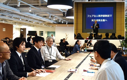 新野隆NEC社長(左から4人目)は現場に足を運び、社員と積極的に交流する。経営方針も自ら直接説明している(上)