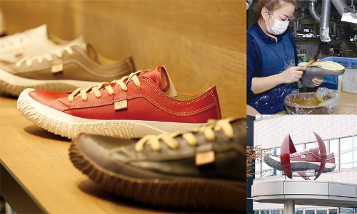 <span class="fontBold">スピングルカンパニーが手掛ける「スピングルムーヴ」ブランドのスニーカー（左）。製造は手作業が多い（右上）。広島県府中市の本社は入り口付近に靴の模型を掲げる（右下）</span>（写真=右2点：森本 勝義）