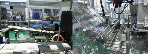 AIを使った自動検品システムを導入(左)、豆腐の製造に必要な機械は全て四国化工機グループで自前開発している(右)