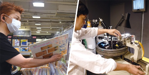 <span class="fontBold">レコード店には幅広い年齢層の客が訪れる(HMV record shop 渋谷、左)。レコードのラッカー盤に音源を吹き込むSMEグループの技術者(右)</span>
