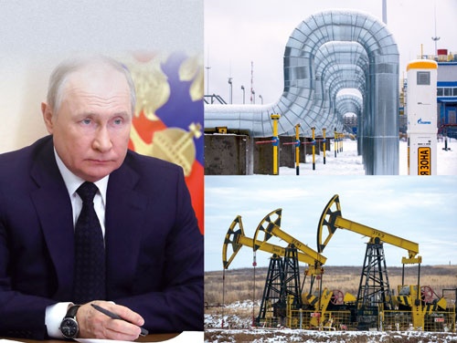 ウクライナ侵攻で世界を震撼（しんかん）させたウラジーミル・プーチン大統領（左）と、ロシアの中核産業である天然ガスのパイプライン（右上）と油田（右下）（写真=左：ロイター/アフロ、右2点：Bloomberg / Getty Images）