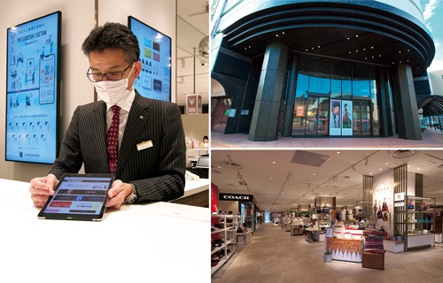 店舗にない商品はタブレットを介しECサイトで案内(左)。サテライト店のためシンボルのライオン像はない(右上)。内装は三越らしい調和が図られている(右下)(写真=松田 弘)