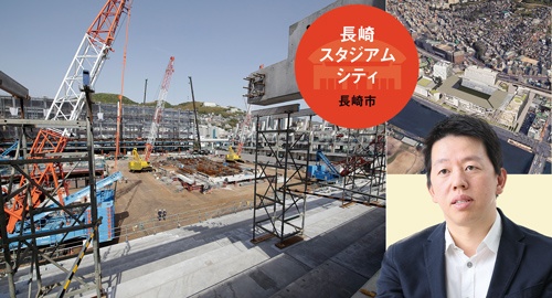 建設が進む中核施設のサッカースタジアムは完成後、JリーグのV・ファーレン長崎のホームとなる（左）。約7.5ヘクタールの用地に様々な施設を造る計画だ（右上）。プロジェクトを進めるジャパネットホールディングスの髙田旭人社長兼CEO（右下）（写真=左：菅 敏一、右下：栗原 克己）