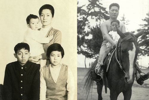 少年時代の重里欣孝氏（左写真、左下）。当時から家業を手伝っていた。父の進氏（右写真、上）は幼少期から厳しく、欣孝氏は反発心から東京の大学へ進学した