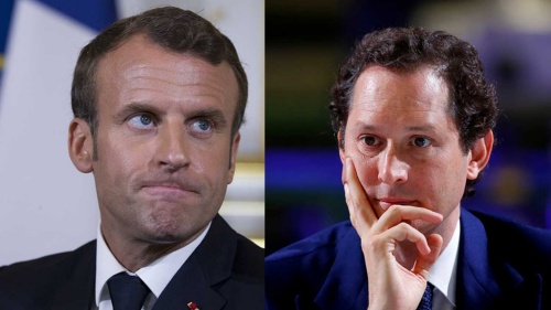 <span class="fontBold">統合交渉を主導したFCAのエルカン会長（右）はマクロン大統領（左）率いる仏政権の介入を嫌い撤回を決めた。</span>（写真=左：AP/アフロ、右：ロイター/アフロ）