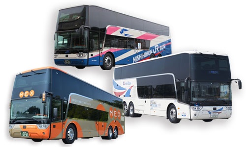 <span class="fontBold">相次いで導入されている2階建てバス。上から西日本JRバス、京成バス、岩手県北バス</span>