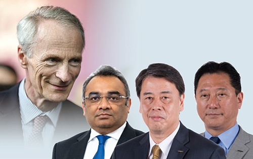 左からルノーのスナール会長、日産COOに就く予定のアシュワニ・グプタ氏、社長兼CEOに就任予定の内田誠氏、副COOに就く予定の関潤氏(写真=スナール氏:Abaca/アフロ)