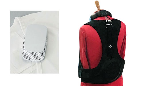 <span class="fontBold">ソニーが開発したウエアラブル冷暖房機器（左）とクラレなどが商品化を目指す温度調整可能なジャケット（右）</span>