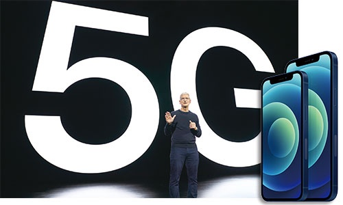 <span class="fontBold">アップルは5Gに対応したiPhoneとして主力の「12」(右写真の右)や小型の「12 mini」(同左)など4機種を発表した</span>(写真=左:Brooks Kraft/Apple Inc./AFP/アフロ)