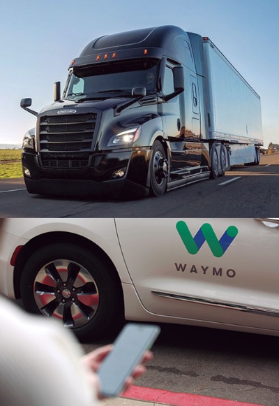 <span class="fontBold">ダイムラー・トラックの大型トラック（上）にウェイモの自動運転システムを搭載し「レベル4」を目指す</span>（写真=下：ロイター/アフロ）
