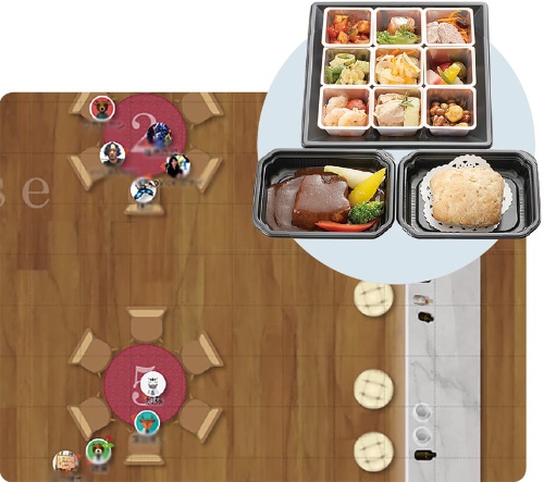 <span class="fontBold">自分のアバターを近づけると会話に参加できる。食事は宅配する</span>