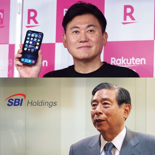<span class="fontBold">楽天グループの三木谷浩史会長兼社長(上)とSBIホールディングスの北尾吉孝社長(下)</span>(写真=上:ロイター/アフロ、下:Motoo Naka/アフロ)