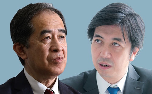 敵対的TOBを仕掛けるオイシックス・ラ・大地の高島宏平社長(右)と、TOBに反対するシダックスの柴山慎一取締役(左)(写真=左:陶山 勉、右:厚地 健太郎)