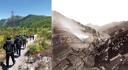 <span class="fontBold">住友グループの礎となった別子銅山は、煙害と伐採で荒廃した(右)。住友化学では、若手社員が緑を取り戻したこの地を訪ね、公害克服の歴史を学ぶ(左)</span>(写真=右:住友資料館(写真は明治時代))