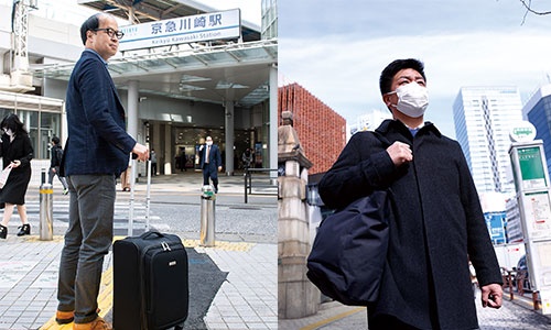 富士通・神谷拓郎さんの営業エリアは関西だが単身赴任をやめて帰京。月に2回の出張で対応する（左）。メタウォーターの長谷川行教さんは平均週2日のペースで大阪から東京本社に新幹線で通勤する（右）（写真=左：菊池 くらげ、右：竹井 俊晴）