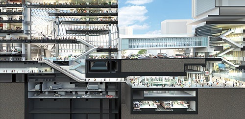 「アーバン・コア」の断面構成イメージ。渋谷駅周辺の歩行者の回遊性を高めるために計画された。地下から地上、空中でビル間を連結するスカイデッキまで縦の動線に特徴がある（イラスト＝日建設計）