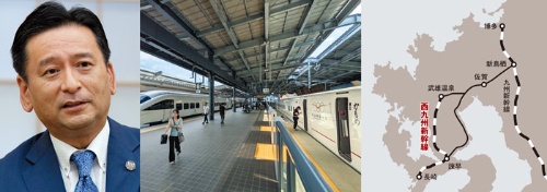 「佐賀県は新幹線を求めていない」と話す山口祥義知事（左）。武雄温泉駅での対面乗り換えが当面続く（右）（写真=左：菅 敏一）