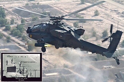 バグダッド郊外の上空を飛行する米軍の攻撃型ヘリコプター「アパッチ」（右）と、誤射する直前にアパッチの搭載カメラがとらえた標的の映像（左下）。映像はウィキリークスが入手・公開した（写真=左下：アフロ、右：U.S. Army/ロイター/アフロ）
