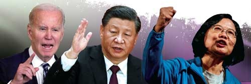 バイデン米大統領（左）が率いる西側陣営の論調が中国で広がるのを阻止したい習近平国家主席（中）と、中国の世論工作に警戒する台湾の蔡英文総統（右）（写真=左：AP/アフロ、中央、右：AFP/アフロ）