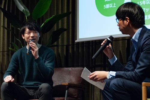 2月10日のRaise LIVEに登壇したエンファクトリーの清水正樹取締役(左)。モデレーターは記者の島津翔(右)(写真:ドリームムービー)