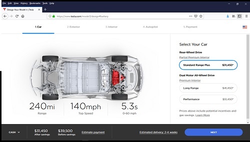 モデル3の販売画面。最低価格の3万5000ドルのモデルはWebでの販売をやめている