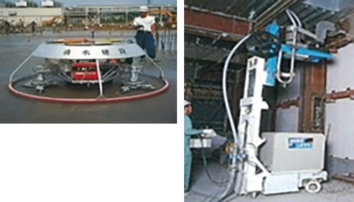 清水建設が1980~90年代に開発した左官仕上げロボット(左)と鉄骨柱溶接ロボット
