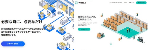 soucoのウェブサイト（左）と三菱商事の「WareX」のサイト
