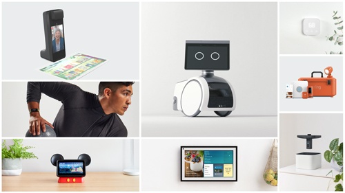 多様な家庭用デバイスが発表された。左下がミッキーマウスをイメージしたスマートスピーカー「Echo Show 5」向けスタンド