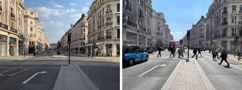 左は20年4月、新型コロナの感染拡大でロックダウン中のリージェント・ストリート。ほぼ同じ場所から22年4月21日の様子を撮影した（右）
