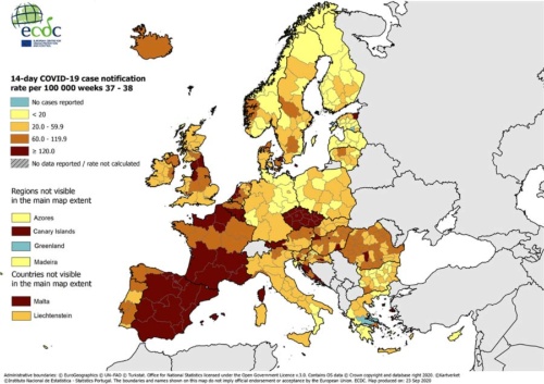 欧州疾病予防管理センター（ECDC）は14日間の各国10万人当たりの新規感染者数を示す地図を公表している。上の地図は9月20日までの14日間。ドイツは9月末まで感染者数が少なかったが、10月から急増した