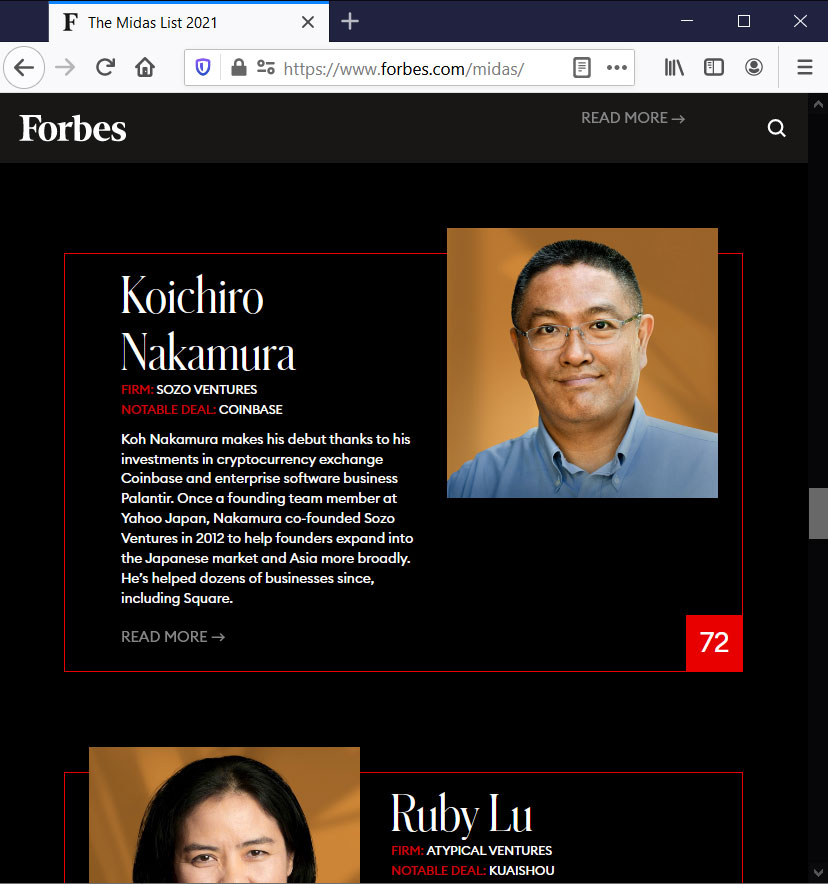 米フォーブスの「The Midas List」のサイト。ソーゾーベンチャーズ（Sozo Ventures）の中村幸一郎氏など、数人が注目すべき受賞者として紹介された