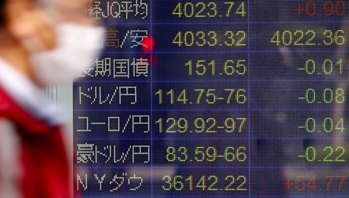 2021年11月、東京外国為替市場の円相場が一時１ドル＝114円後半となったことを示すボード（写真：共同通信）