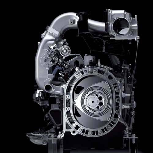 水素ロータリーエンジン。ただしこれは2003年に発表された「RENESIS」シリーズのもの。水素とガソリンのどちらでも走行可能なデュアルフューエルシステムを採用している