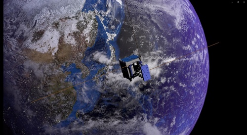 シグナス補給船に積み込まれていた自撮り衛星は、アームを伸ばして衛星自身と地球を撮影する(イメージ画像)