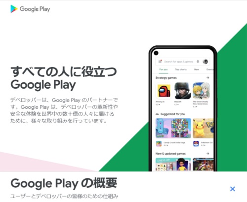グーグルが公開した「How Google Play Works」の日本語版Webサイト。開発者に向けてGoogle Playの概要や、安全性やビジネスなどへの取り組みなどについての説明がある