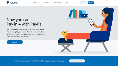 ペイパルが米国で提供する「Pay in 4」のWebサイト。決済した金額を4分割し、うち4分の1を最初に支払い、残りは2週間ごとに3回に分けて支払えばよい仕組みだ