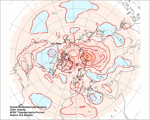 図2：過去1カ月間の北半球の月間平均気温と気象異常のマップ（海抜気温の異常）（出典：<a href="https://meteoinfo.ru/anomalii-tabl3" target="_blank">https://meteoinfo.ru/anomalii-tabl3</a>）